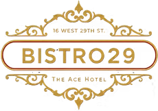 Bistro 29 - white image logo with gold writing.