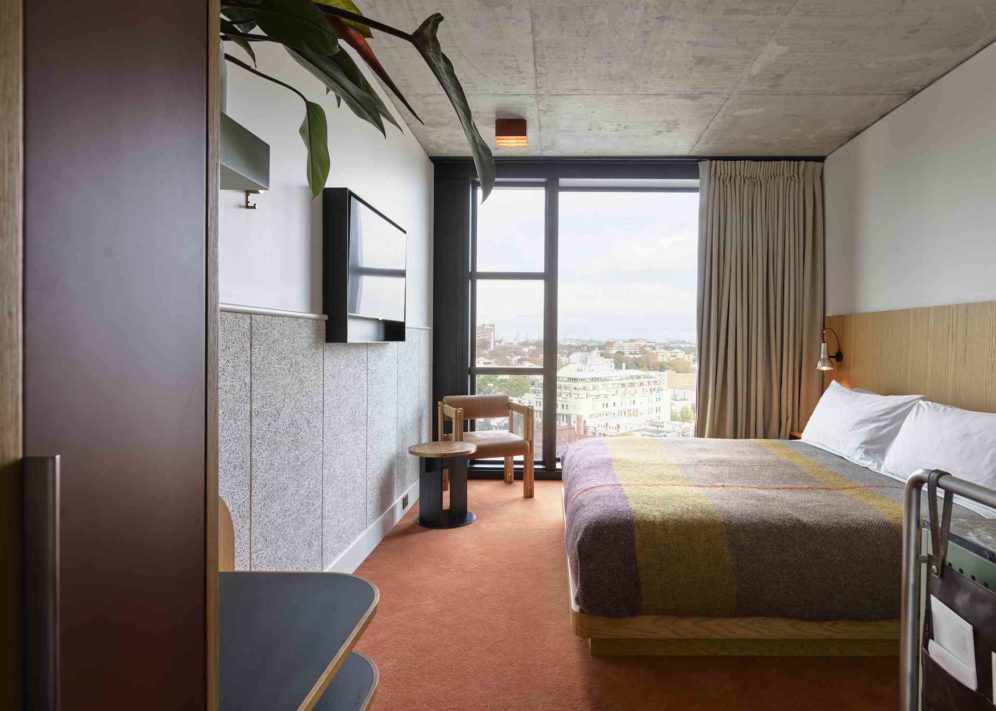 A modern room with red carpeting features a window overlooking Sydney and basking the room in natural light