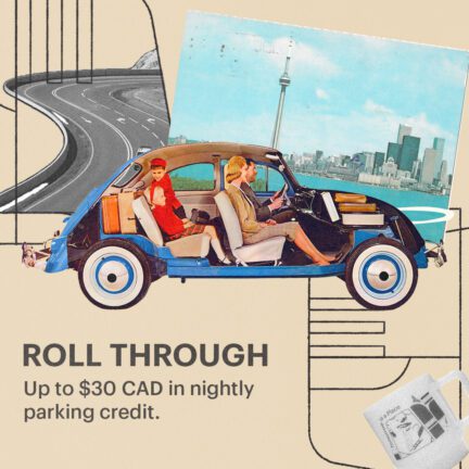 Illustration of a vintage car with two people, a city skyline, and text offering up to $30 CAD in nightly parking credit.